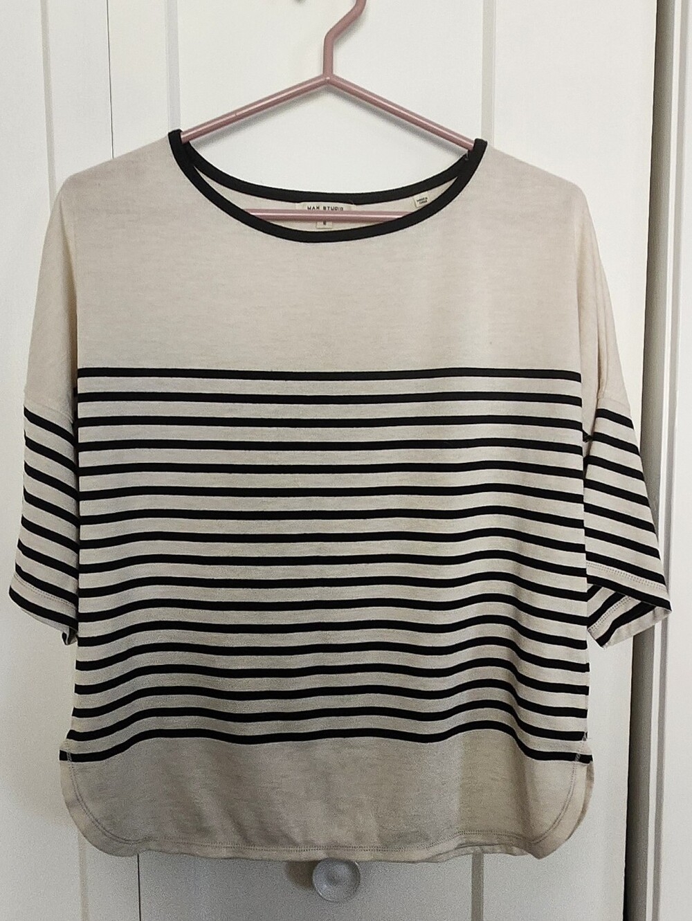 Max Studio Black & Cream Striped Short-Sleeve Boatneck Tee